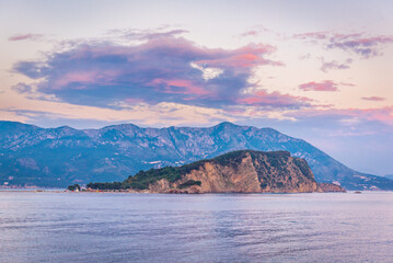 Evening view on Island of Saint Nicholas on Adriatic Sea in Budva, Montenegro