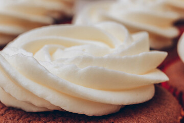 Delicious chocolate cupcakes with swirled frosting cream on top close up. Macro shot. Selective focus.