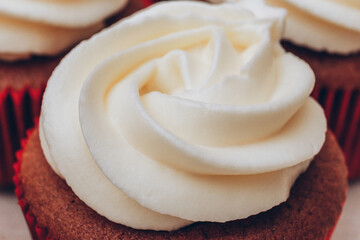Delicious chocolate cupcakes with swirled frosting cream on top close up. Macro shot. Selective focus.
