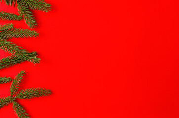 Spruce twigs on a red background.