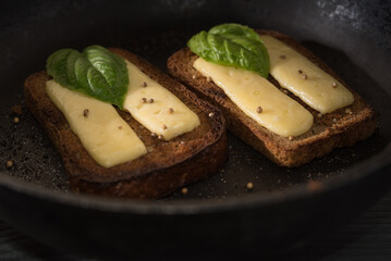 Toasted slices of bread with cheese and coriander seeds, garnished with fresh basil leaves, in a cast-iron pan in black background. Selective focus.