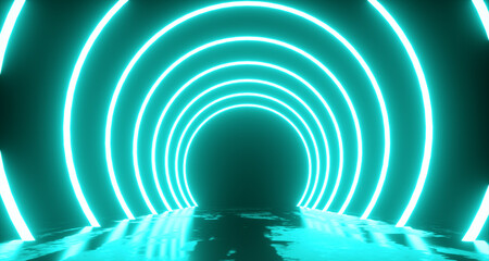 Naklejka premium Abstract flight, neon light ring shape, mysterious space landscape. 3d Render
