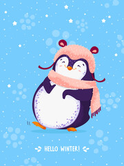 Funny dancing penguin in a cute pink hat and scarf. Blue blackground with snowflakes and stars. Vector illustration