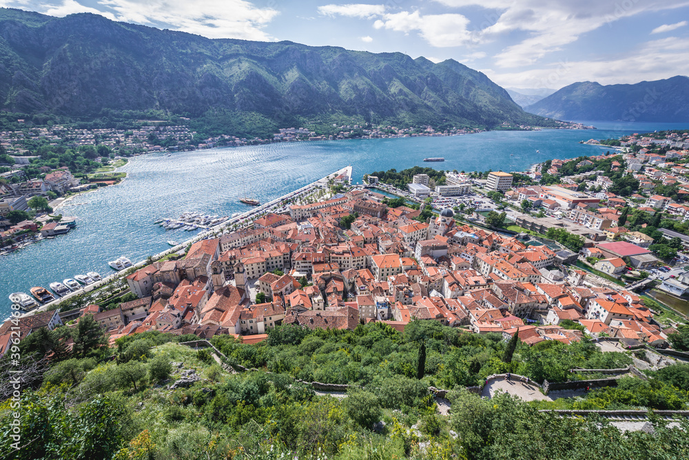 Wall mural Kotor Bay with old town of Kotor and Dobrota town in Montenegro