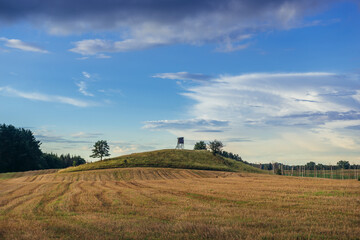 Fototapeta premium Rural landscape with wooden hunting tower in Masurian Lakeland region of Poland