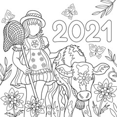 Cute little girl with butterfly net and calf kid interacting coloring page for children. Background 2021.