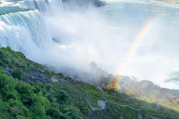 Niagara fall with rainbow visible.