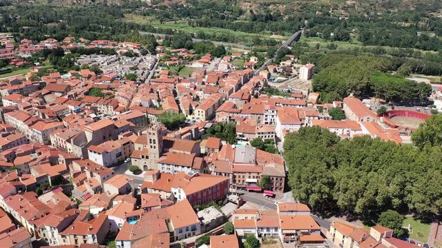 Aerial view of commune Millas in Pyrenees-Orientales, southern France. High quality 4k footage