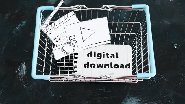 creative content sold online, photo and video digital downloads icon in shopping basket