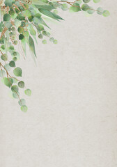 Pale leaves - vertical botanical design banner. Floral pastel watercolor and golden border frame.