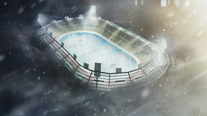 Hockey arena. Open hockey stadium in winter. Snowfall in the evening. Full spectator stadium. Hockey fans.Stadium top view.3d rendering © Ruslan Shevchenko