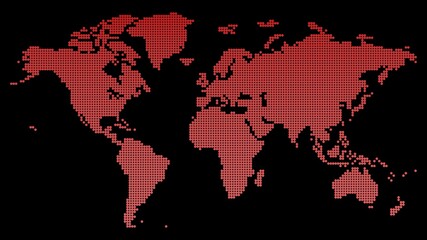 Red 3D Dot World Map under black. 3D illustration. 3D CG. High resolution.