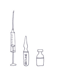 Medical syringe and ampoule with vaccine, graphic black and white linear drawing on a white background