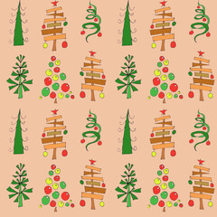 Seamless Christmas pattern with elegant Christmas trees, graphic color drawing on orange background