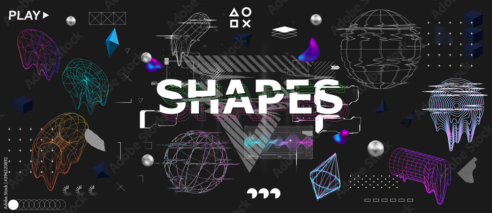 Leinwandbilder 3d shapes and trendy universal elements with glitch, bag and liquid effects. retrofuturism shapes co