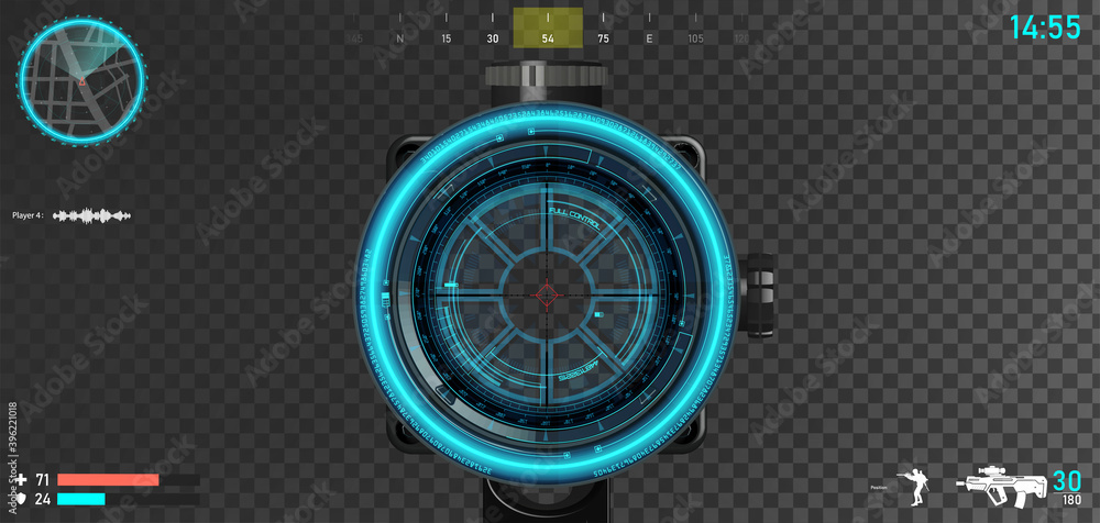 Poster first person shooter layout, sniper scope with hologram hood and game interface elements - mini map,