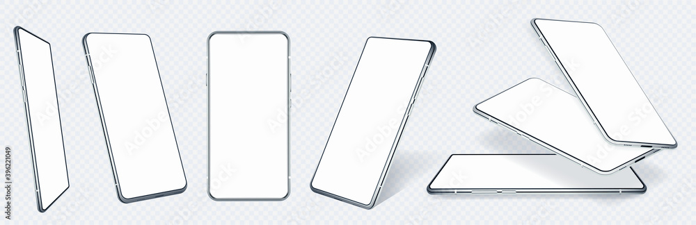 Poster realistic mobile phone mockups in different angles and white blank screen. 3d mockups frontal, isome