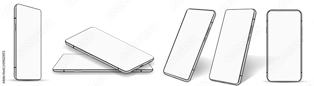Poster new mockups of stylish smartphones with a stripe along the contour with template display, white scre