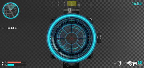 First person shooter layout, sniper scope with hologram hood and game interface elements - mini map, armor and lives, compass, ammunition, weapons and other. First person shooter GUI. Vector template © SergeyBitos