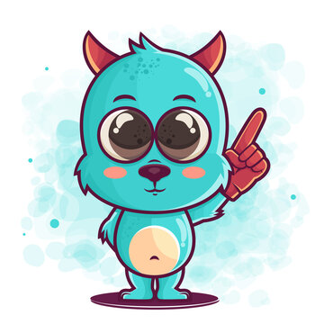 Cute Blue Monster Cartoon Hand Pointing Up Illustration