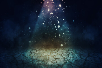 Christmas light shining down on dried soil at night