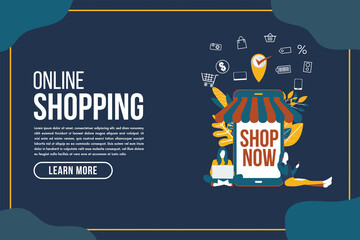 Online delivery shopping flat design with concept robot service. This design can be used for websites, landing pages.Internet shipping web banner with modern city.