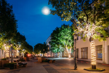 Brest, Belarus. Old Architecture On Pedestrian Sovietskaya Street In Evening Night Illuminatios