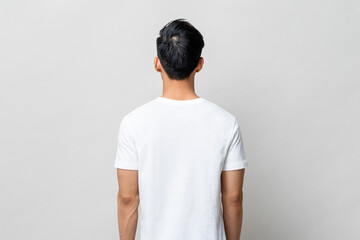 Back view of young man wearing plain white t-shirt on light gray isolated background