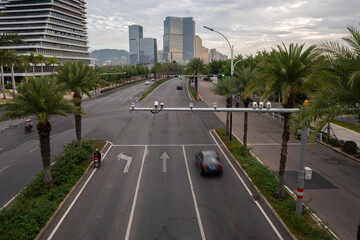 High angle view of Xiamen city street with road monitoring