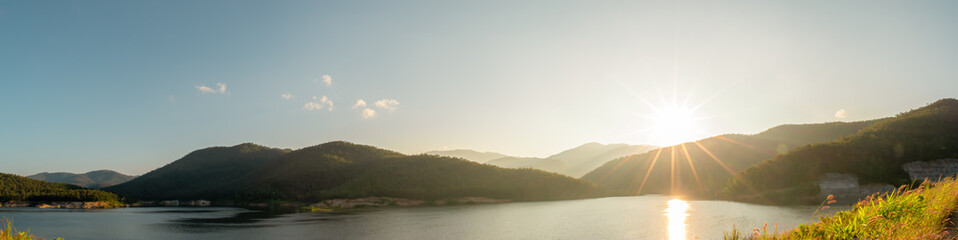 Sunrise at the reservoir, Landscape in the countryside. Panorama picture