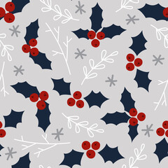 Cute Blue Christmas Berry, Branch, and Snow Seamless Pattern