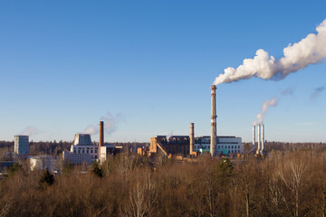 Fototapeta na wymiar Thermal power plant. The smoke comes from a tall chimney.