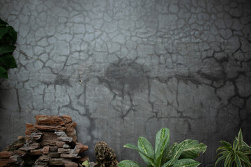 The surface of the cement has old marks and green plants insert.