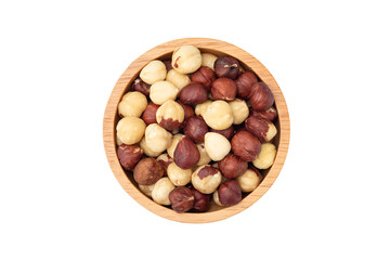Hazelnut in wooden bowl isolated on white