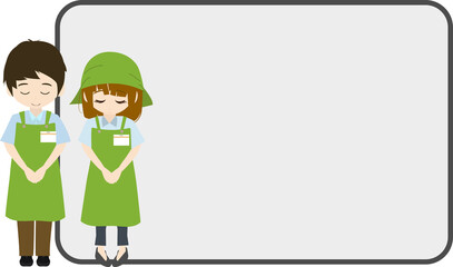 ボードと案内する男女の店員のイラスト