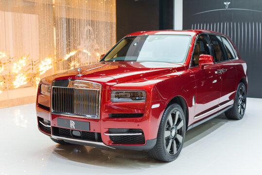 Red Rolls-Royce Cullinan in exclusive showcase of Rolls-Royce Motor Cars Bangkok at Iconsiam Shopping Mall on December 15, 2018 in Bangkok, Thailand.