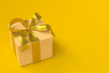Brown gift box 3d with gold ribbon and bow on yellow background