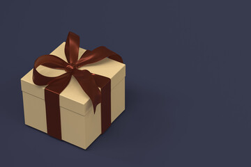 yellow gift box 3d with Crimson ribbon and bow on navy blue background