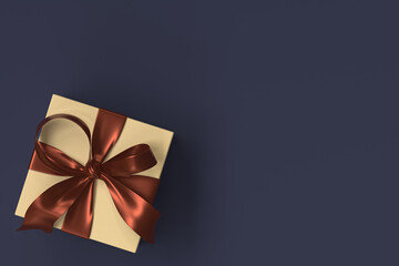 yellow gift box 3d with Crimson ribbon and bow on navy blue background