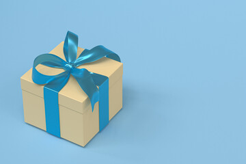 yellow gift box 3d with blue ribbon and bow on light blue background