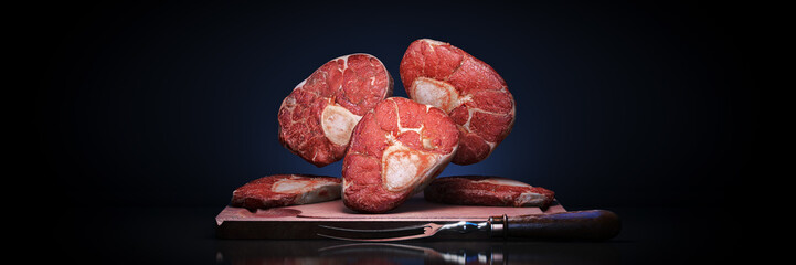 Raw beef steak osso bucco on black. 3d rendering