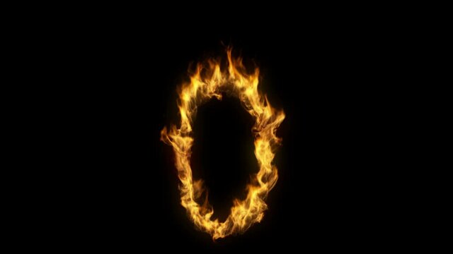 3D animation of the number zero on fire with alpha layer