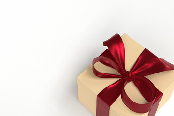Cream gift box 3d with red ribbon and bow on white background