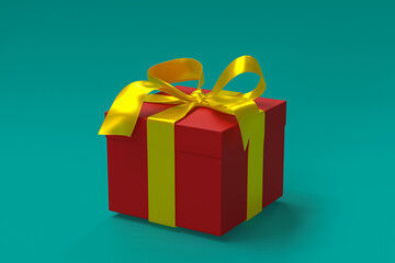 red gift box 3d with yellow ribbon and bow on green sea background