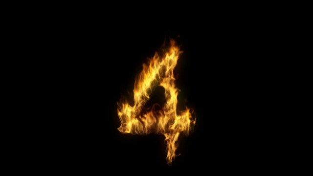 3D animation of the number four on fire with alpha layer