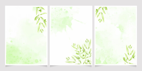 watercolor green leaves on splash background wedding or birthday invitation card template collection