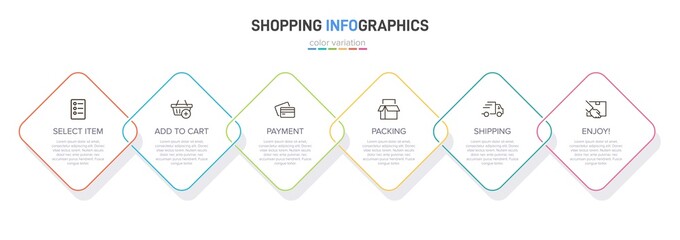 Concept of shopping process with 6 successive steps. Six colorful graphic elements. Timeline design for brochure, presentation, web site. Infographic design layout.