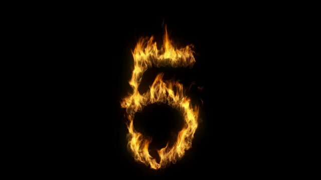 3D animation of the number five on fire with alpha layer