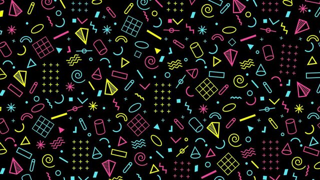 Abstract 4k animation of a retro pattern background with geometrical shapes and lines. 80s 90s Memphis style. Black, yellow, cyan and pink color palette.