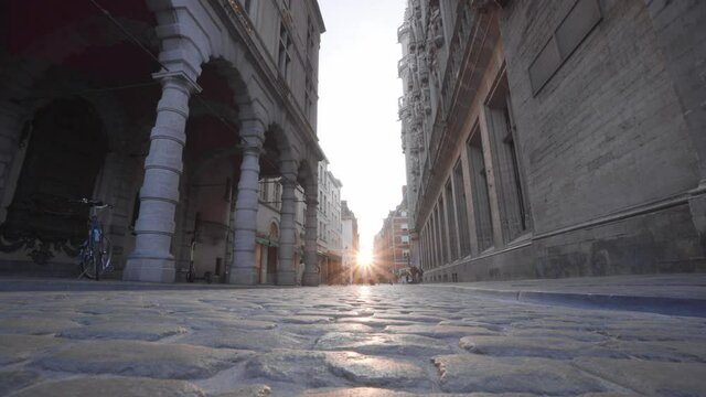 Beautiful sunset in the Charles Buls street, just off the Grand Place in Brussels, Belgium